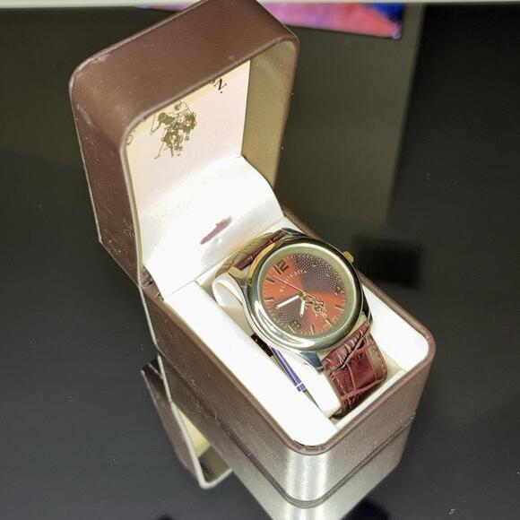 Accutime Accessories - U.S. Polo Assn. Men's Brown Dial Watch with Gold-Tone Bezel In Gift Box